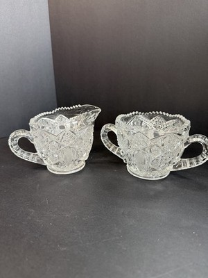 Antique EAPG NuCut Creamer & Sugar Set U.S. Glass Pressed Cut Hobstar