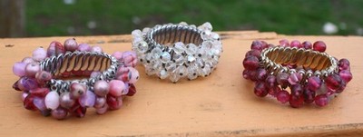 Vintage 3 Japan Expandable Bracelets with Dangle Beads 1 each Clear, Pink & Red