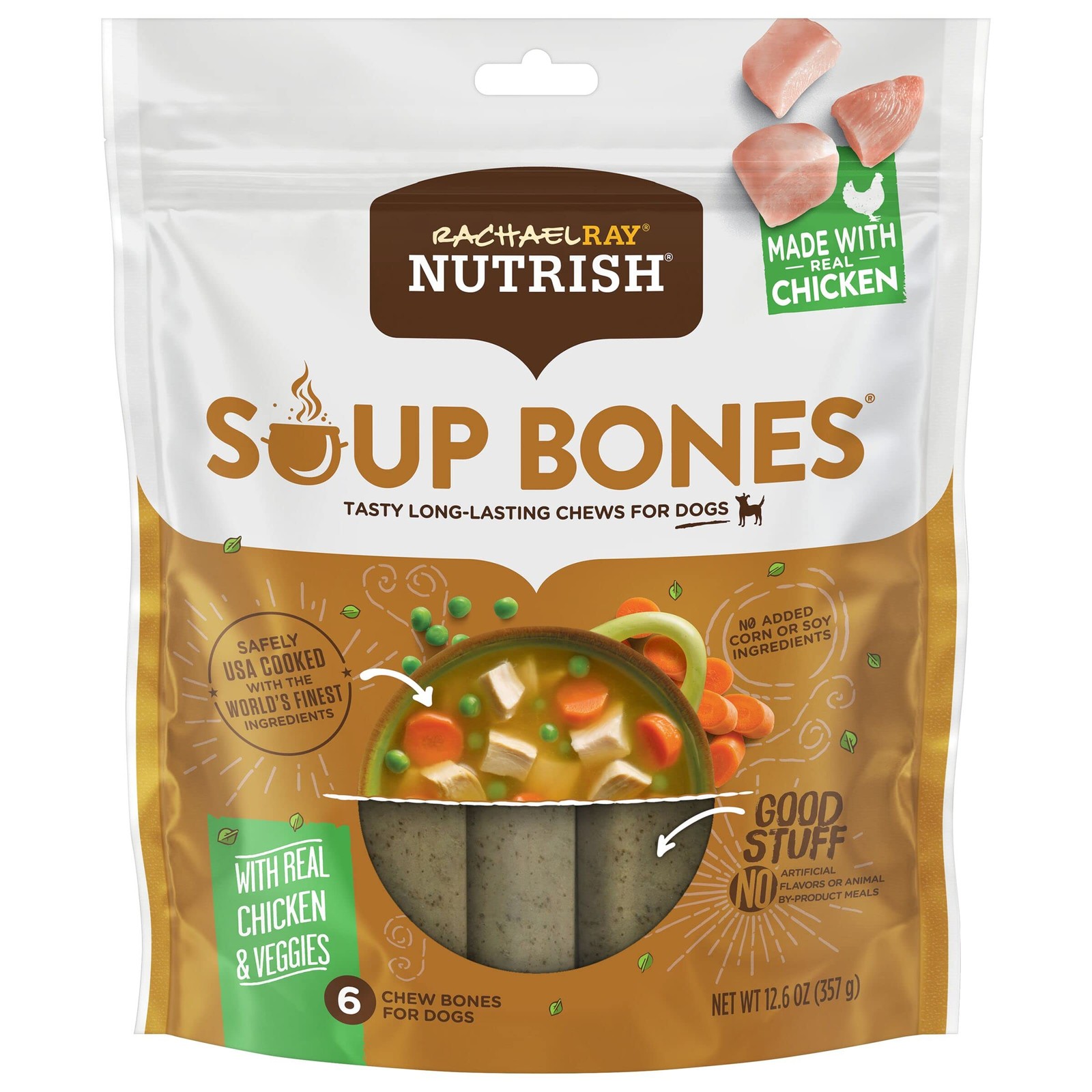 Rachael Ray Nutrish Soup Bones Dog Treats, Chicken & Veggies Flavor, 6 Bones.