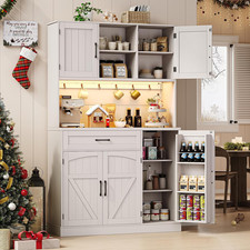 71" Kitchen Pantry Storage Cabinet with LED Light/Outlet, Off-White Pantry Cab