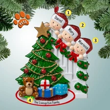Peeking Around Tree Family - Family of 3 - Personalized Christmas Ornament