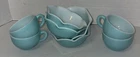 Vintage Hazel Atlas Crinoline Turquoise Blue Ripple Cereal Bowls & Cups Lot Of 8