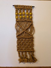 Vintage Macrame Wall Hanging Yellow Wooden Beads Handmade 16" x 5"