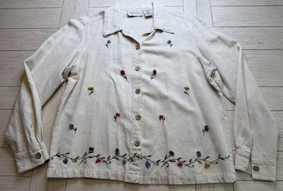 Lemon Grass Women s Linen Blend Button Up LS Shacket Blouse Top M Embroidered