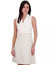 Eliza J Women’s Collared Mixed‑Media Sleeveless Dress White Ivory 6 $158 NWT