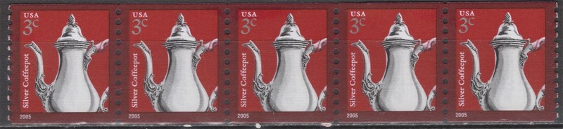 SC# 3759 - 2003-11 - 3¢ Silver Coffeepot - Coil Plate # Strip of 5
