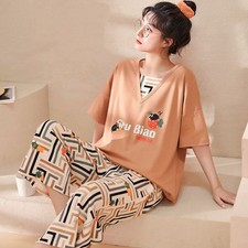 Women's Pajamas Set Short Sleeve Top Cropped Pants Sleepwear Lounge Wear