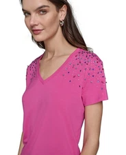 Karl Lagerfeld Paris Womens Small Embellished V Neck T Shirt Bright Fuschia
