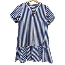 J. Crew Cotton Dress Sz 10 Blue White Stripe Ruffle Puff Sleeve Coastal V-Neck