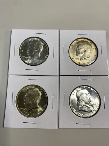 Two 90 Percent Halves Franklin/Kennedy Then Two 40% Silver Kennedy Halves Unc