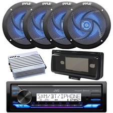 Marine Bluetooth Radio, Amp, 4x 5.25" 180W Blue Flash LED Speaker, Cover Black 