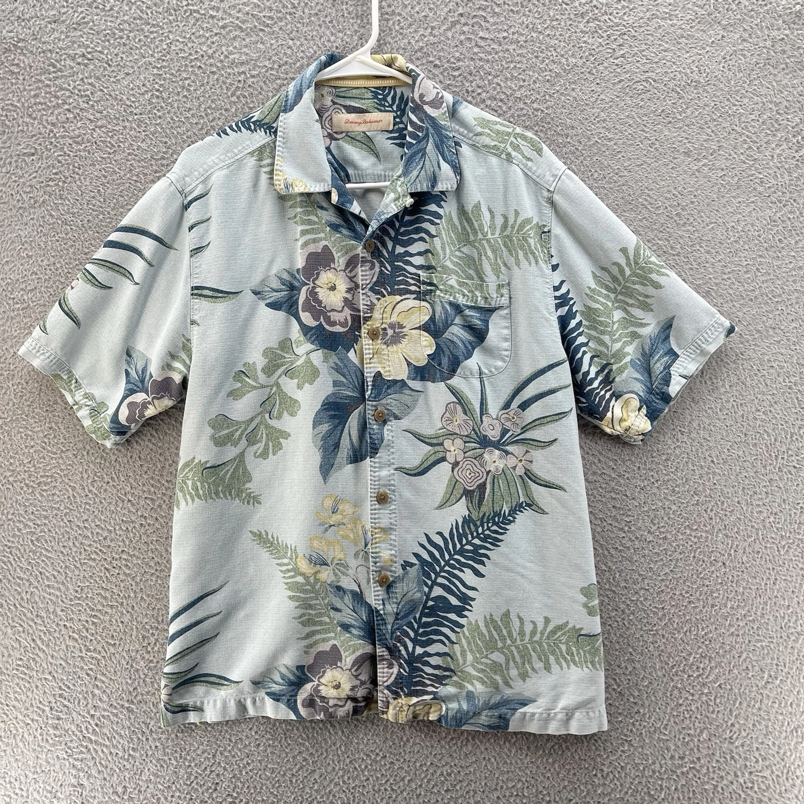 Tommy Bahama Silk Shirt Men Large Green Loop Collar Short Sleeve Beach Coastal