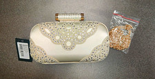Badgley Mischka Ivory Satin Crystal Embellished Clutch Bag with Chain