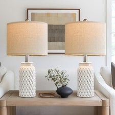 20.5 White Modern Ceramic Bedside Lamp Set of 2 for Bedroom Decor Farmhouse T...