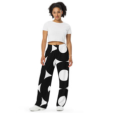 Women's Wide-Leg Black Polka Dot Pants Knit Jersey Pockets Elastic Waist
