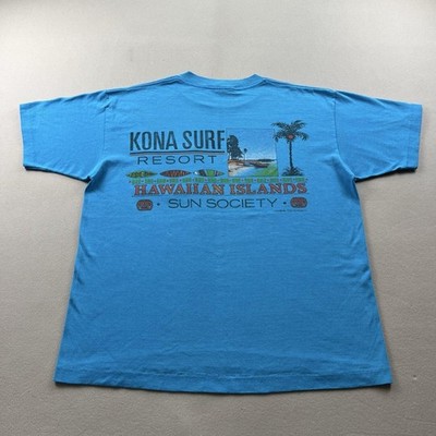 Vintage Kona Surf T-Shirt Mens Small Blue Hawaii Islands Sun Society Pocket 80s