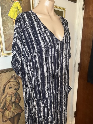 Simple Suzanne Betro Navy Blue White Tie Dye Snakeskin Maxi Caftan Plus Dress 1X - Picture 2 of 7