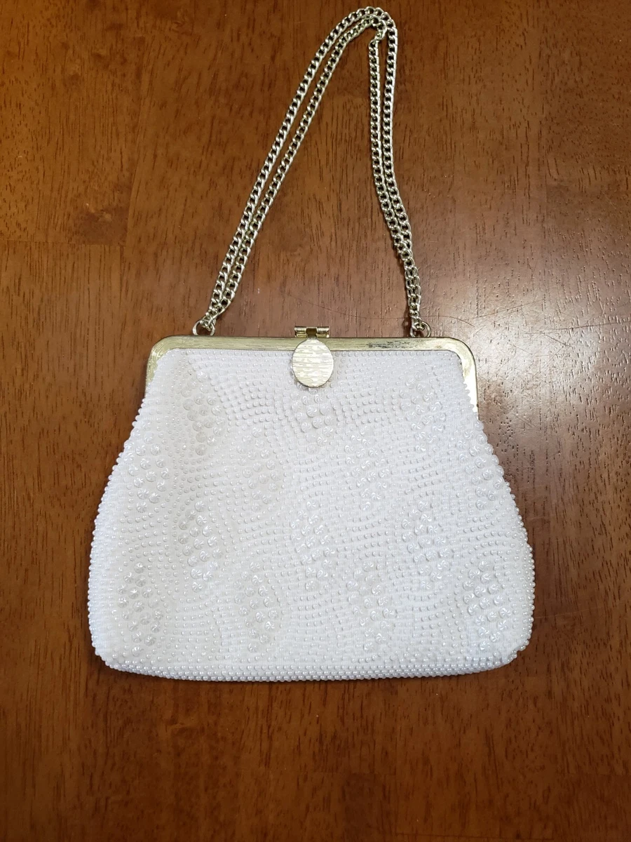 Vintage beaded off white cream color small purse. Formal Prom look. Gold trim