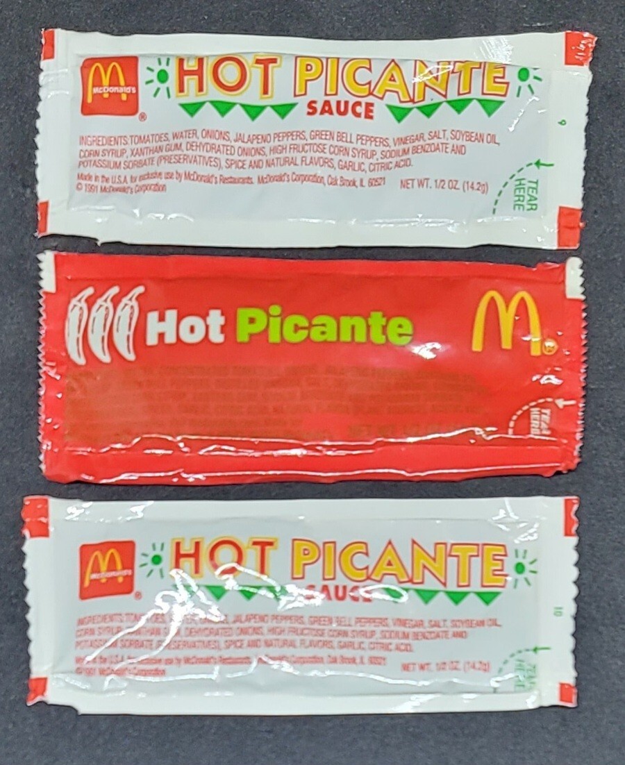 (3) VINTAGE 1991 MCDONALDS HOT PICANTE SAUCE PACKETS SEALED 1991 AND