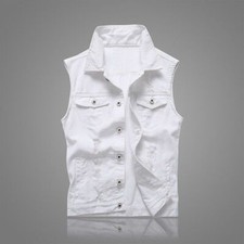 Gilet uomo denim gilet smanicato cappotto giacca biker jeans bianco punk gilet