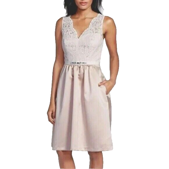 After Six Cameo Blush Pink Lace Cocktail Length V-Neck Party Dress sz 16 New