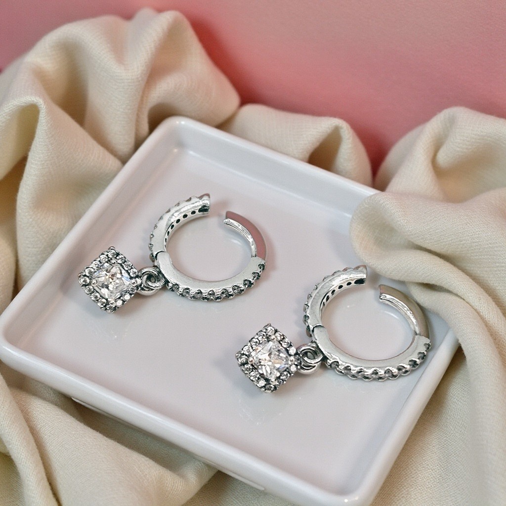 Square Sparkle Hoop Earrings, Silver Dangle Hoops for Her, Zircon Stones Gift