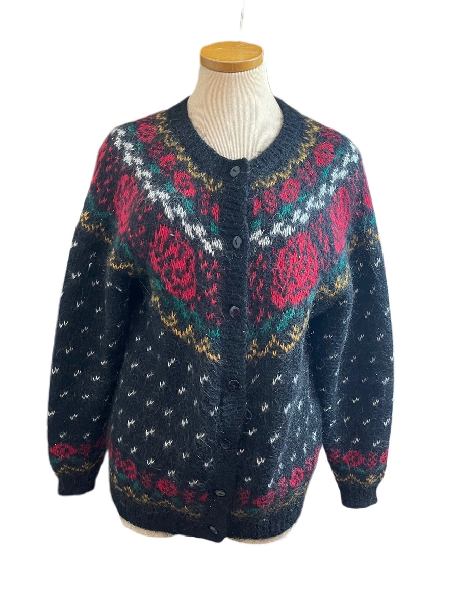 Ashley Vintage Mohair Black Sweater Cardigan Size Large Read Description
