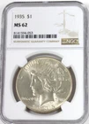 1935 Peace Dollar :  NGC MS62 Blazing White