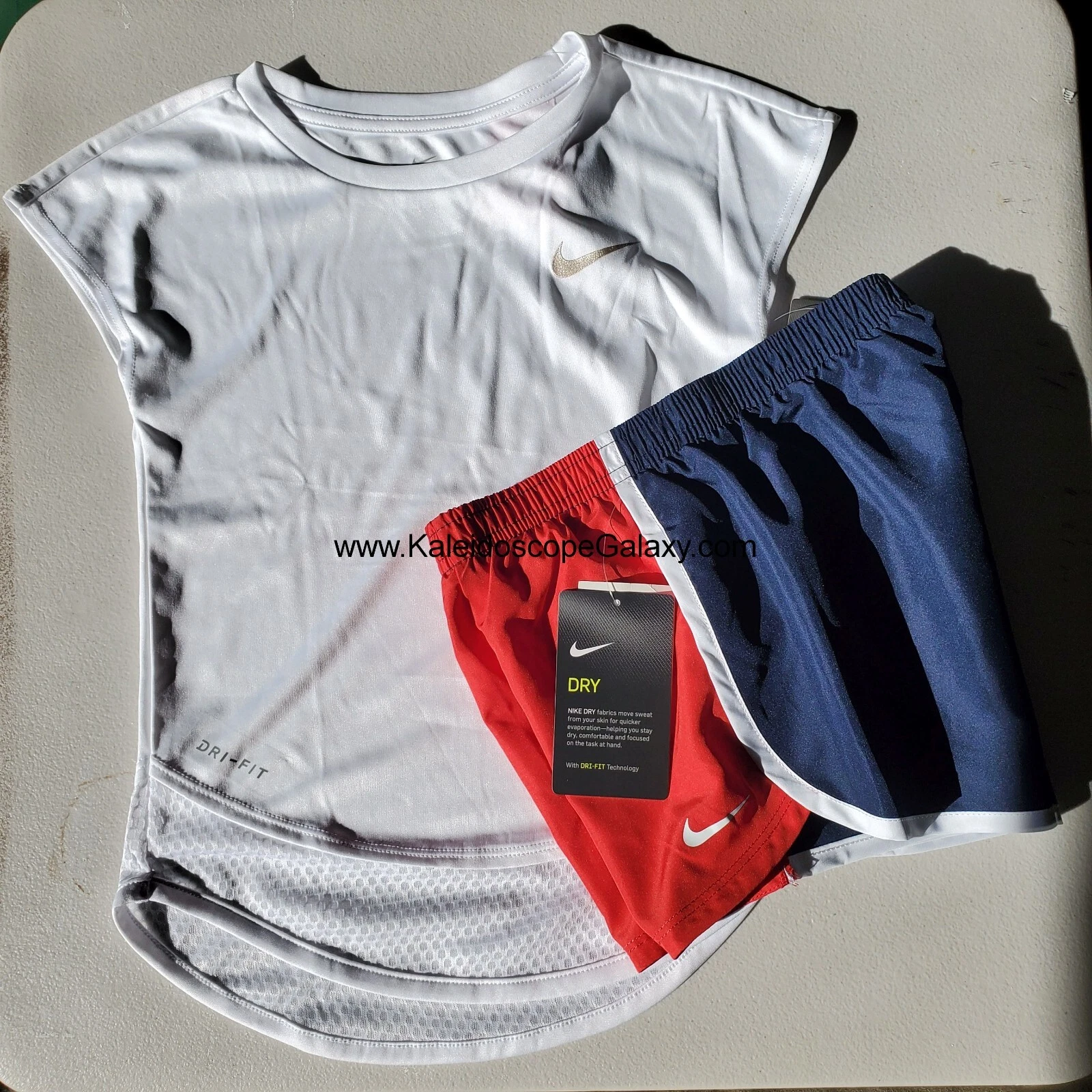 Nike Summer Girls Size 6 Dri-fit Running Shorts & Top Red White Blue NEW