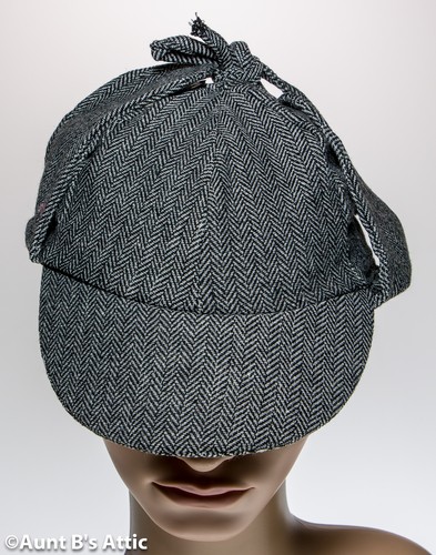 Sherlock Holmes Deerstalker Hat Grey Herringbone Wool Look Costume Hat  - Afbeelding 1 van 4