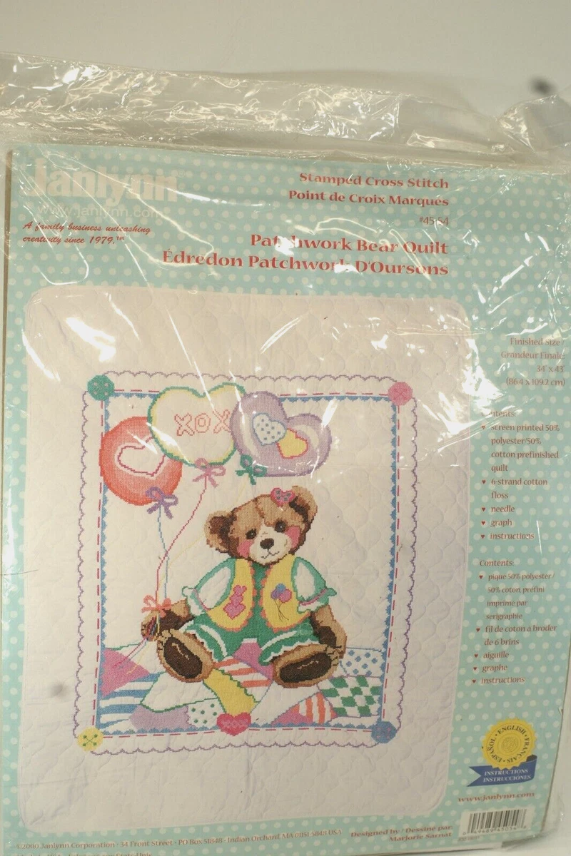 JanLynn Stamped Cross Stitch Baby Quilt Kit, 2000, Patchwork Bear