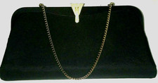 Vintage Evening Bag Womens Black Satin Envelope Clutch Brooch Clasp Fashion
