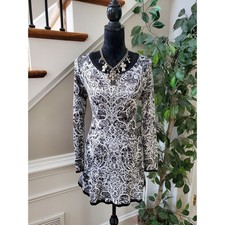 Style&Co. White & Black Rayon Round Neck Long Sleeve Knee Length Sweater Dress S