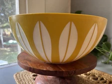 Vintage Deka Bowl 604 Yellow White Lotus Pattern  11 in.  Mid Century Plastic