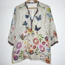 JOHNNY WAS Kendra Print S Silk Butterfly Floral Tunic Top Embroidered V Neck