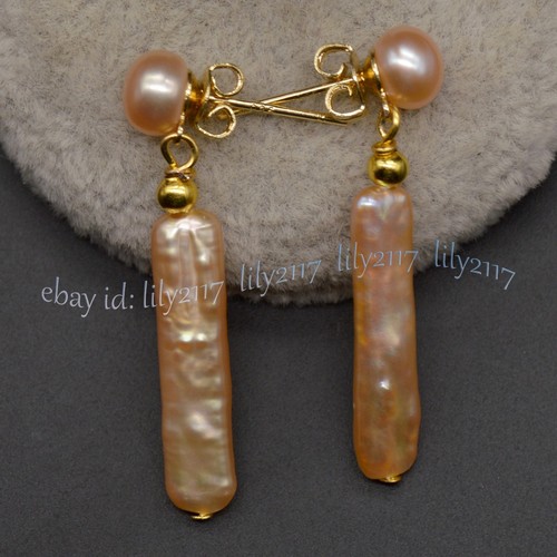 Natural Pink Freshwater Long Stick Rectangle Pearl Necklace Bracelet Earring Set - Picture 17 of 18