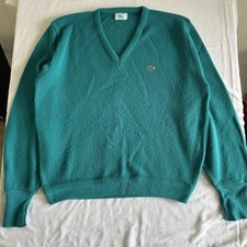 Vintage 80s Izod Lacoste Mens Large Blue Green V Neck Sweater Made in USA Rare