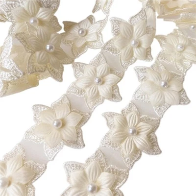 1 Yard Organza Bestickte Perlen Blumen Spitze DIY Nähen Deko für Kleid Beige - Bild 1 von 4