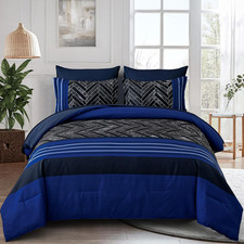 Blue Comforter Set King Size, 7 Pieces Stripe Geometric Bed in a Bag, Geometric