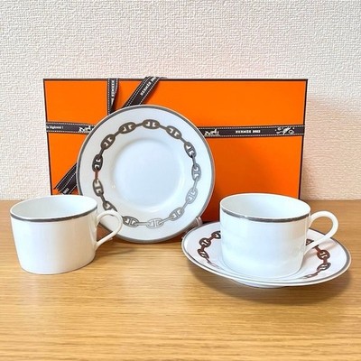HERMES チェーンモチーフ 陶器皿 HERMES Tea Cup Saucer Chaine D'Ancre Platinum Tableware 2 set