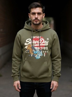 SUPERDRY Men's Tokyo Vintage Logo Hoodie Tiger Print Pocket