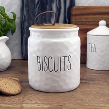 Biscuits Jar with Airtight Lid White Dimple Ceramic Labelled Storage Container