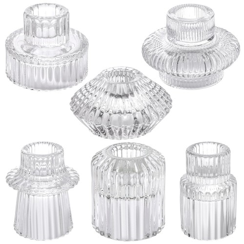 6PCS Taper Candle Holders Clear Glass Candlestick Holders Ribbed Glass Taper ...