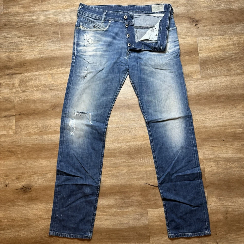 Jeans Diesel Hombres 30x32 Azul Iakop Regular Ajustado Cónico Thrashed Washout 060TP Foto 2 de 4