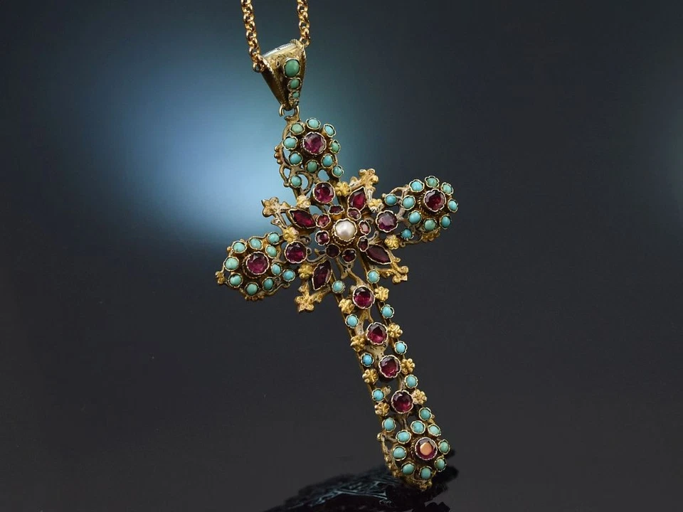 KREUZ ANHÄNGER AUS SIEBENBÜRGEN TÜRKIS GRANAT SILBER UM 1880 MIT ORIGINAL ETUI - Bild 4 von 4