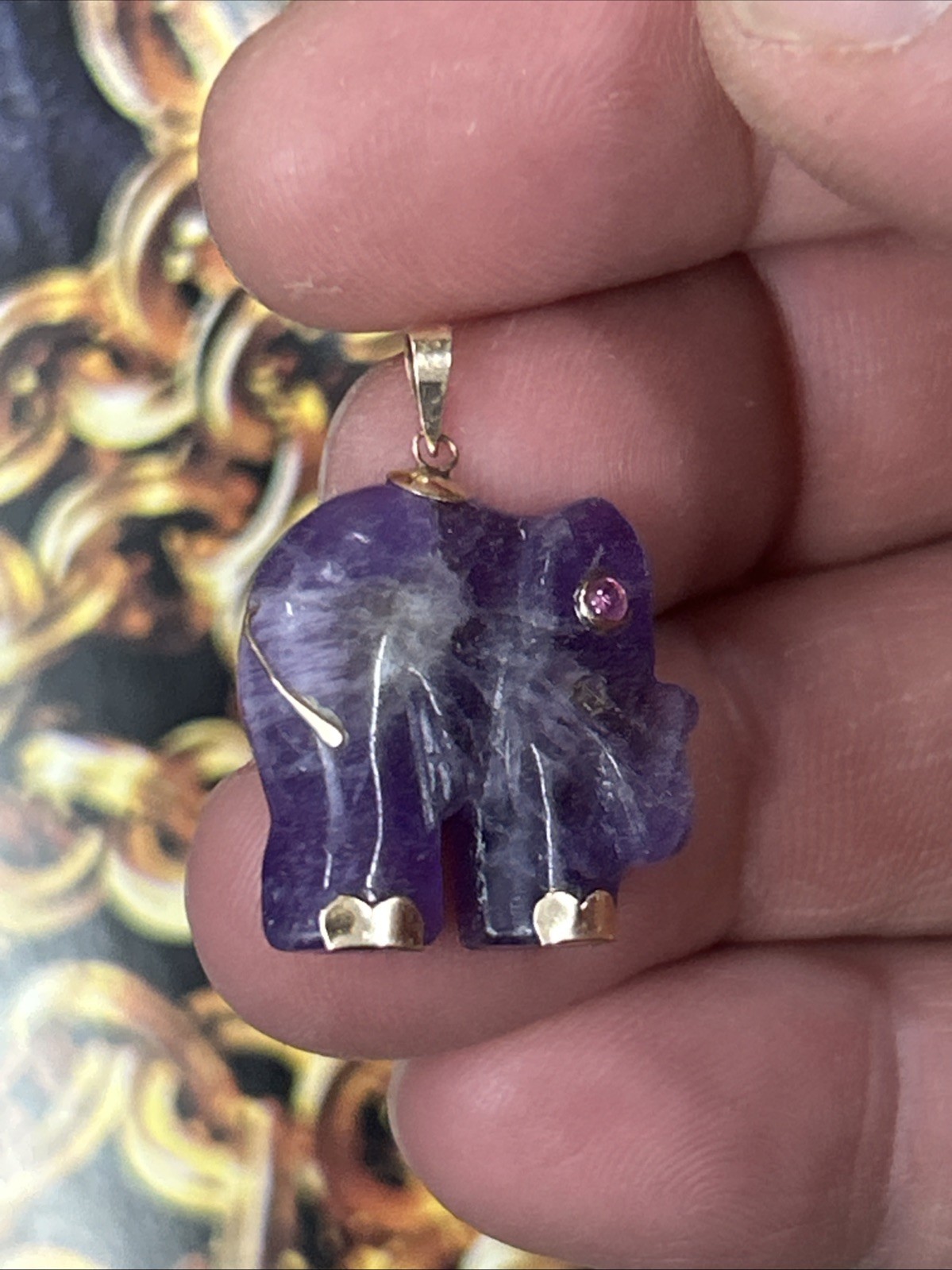 Solid 14k Yellow Gold Amethyst Ruby Elephant Pend… - image 8