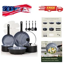 17PCS Ceramic Cookware Sets, Black and Gray, Pots and Pans Set Non Stick Non ...