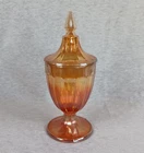 VINTAGE JEANETTE CARNIVAL GLASS IRIDESCENT MARIGOLD FOOTED CANDY DISH w/LID 9"