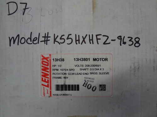 Lennoxx 1/2 Hp Blower Motor 1075 Rpm 4 Speed 208/230 Volts 48Y K55HXHFZ-9638