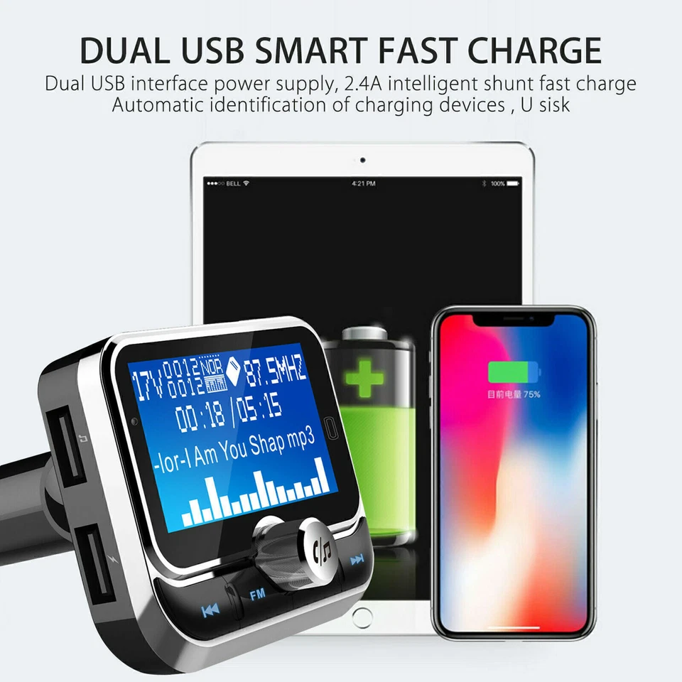 Wireless Car FM Transmitter with USB Charger Hands-Free Call 1.8 inch - Image 2 of 4